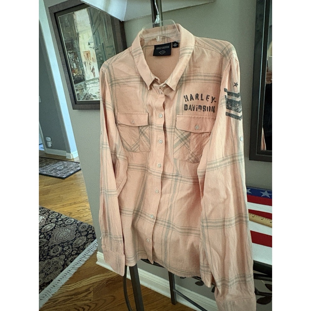 Harley Davidson flannel biker shirt outdoor plaid spring salmon orange women 2XL - Picture 6 of 15
